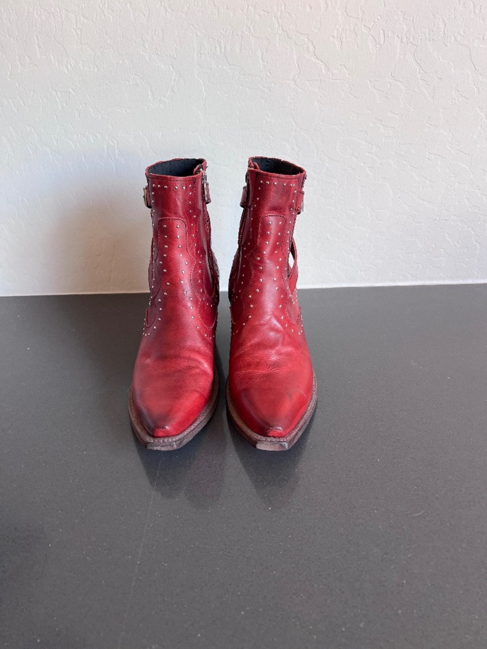 FREEBIRD red leather studded ankle booties